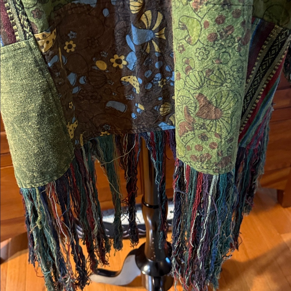 Patchwork Hooded Fringe Poncho - image 5